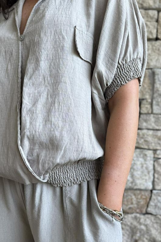 Basso Button Drape Cap Sleeve Shirt Earth
